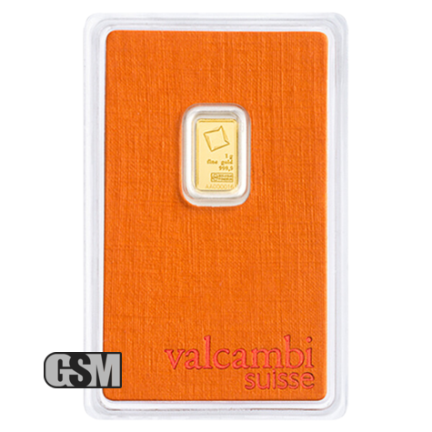 Stunning 1 Gram Valcambi Gold Bar Obverse with Assay Card